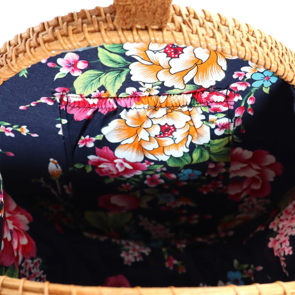 Rattan Crossbody Bag Circular Women Woven Floral Lining Boho Summer Beach Purse - Picture 6 of 9